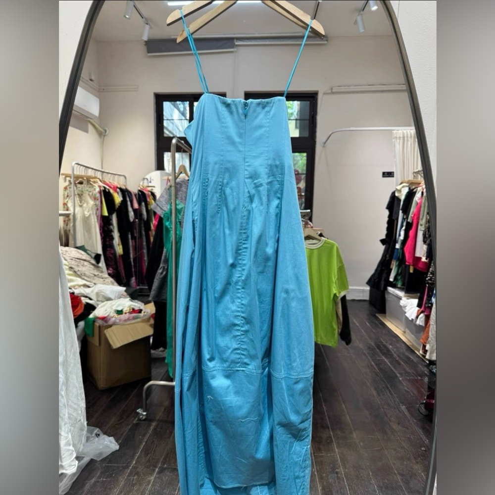 cult gaia Strapless Turquoise Blue Plunge Midi Dress - Picture 7 of 9